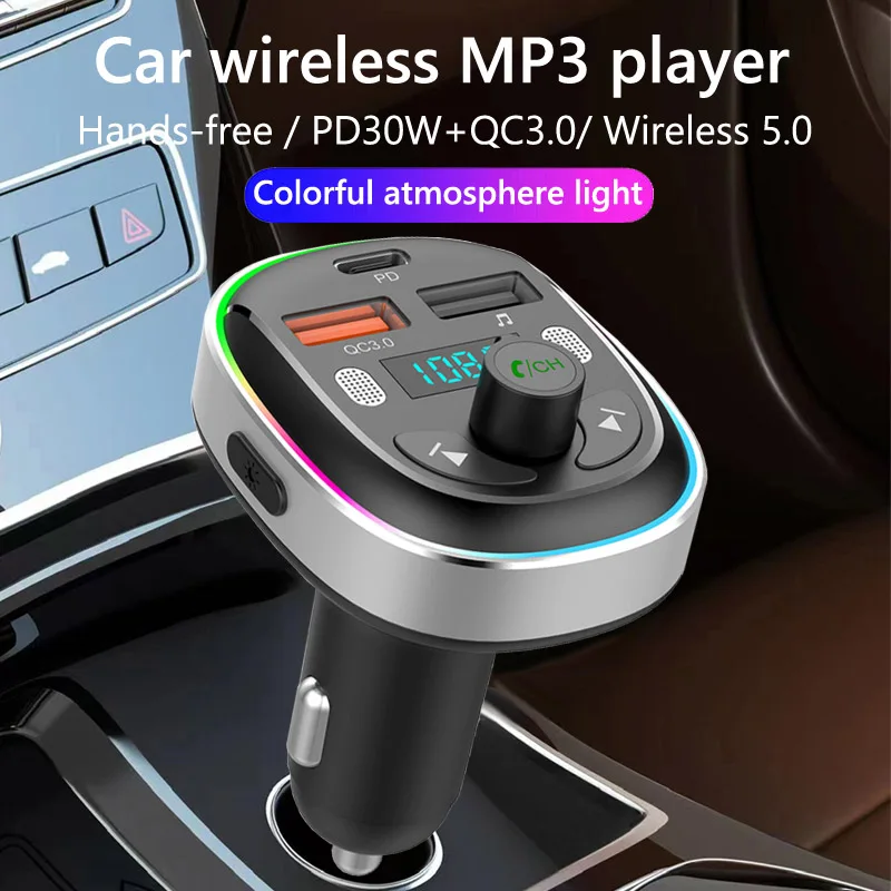 Qc3.0 Pd 30W Fast Charging Usb Car Charger Colorful Light Wireless 5.0 Handsfree Car Kit Fm Transmitter Pd Car Mp3 Player