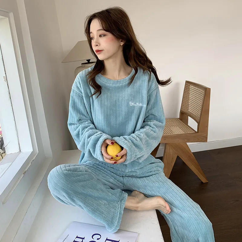 Autumn Winter Coral Hoodie Pajamas Long Sleeve Home Clothes Thickened Woman Night Sexy Sleepwear Ladies Fairy Warm Suit Pants