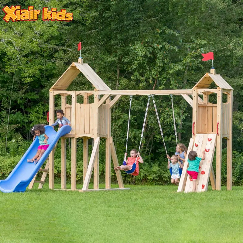 Xiair Hot Sales Outdoor Playground Geometric Shape Design Wooden Playground Slide Set Wooden Climbing Frame