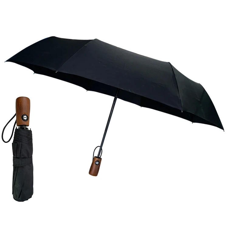 YS-3016 Promotional Wooden Straight Handle Custom Printing Portable Umbrella Sun And Rain 3 Folding Auto Open And Close Umbrella