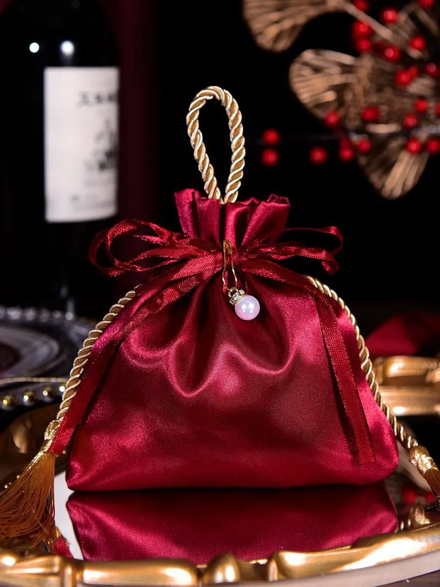 Wholesale Small Drawstring dark red Silk Satin Jewelry Pouch Bag for candy