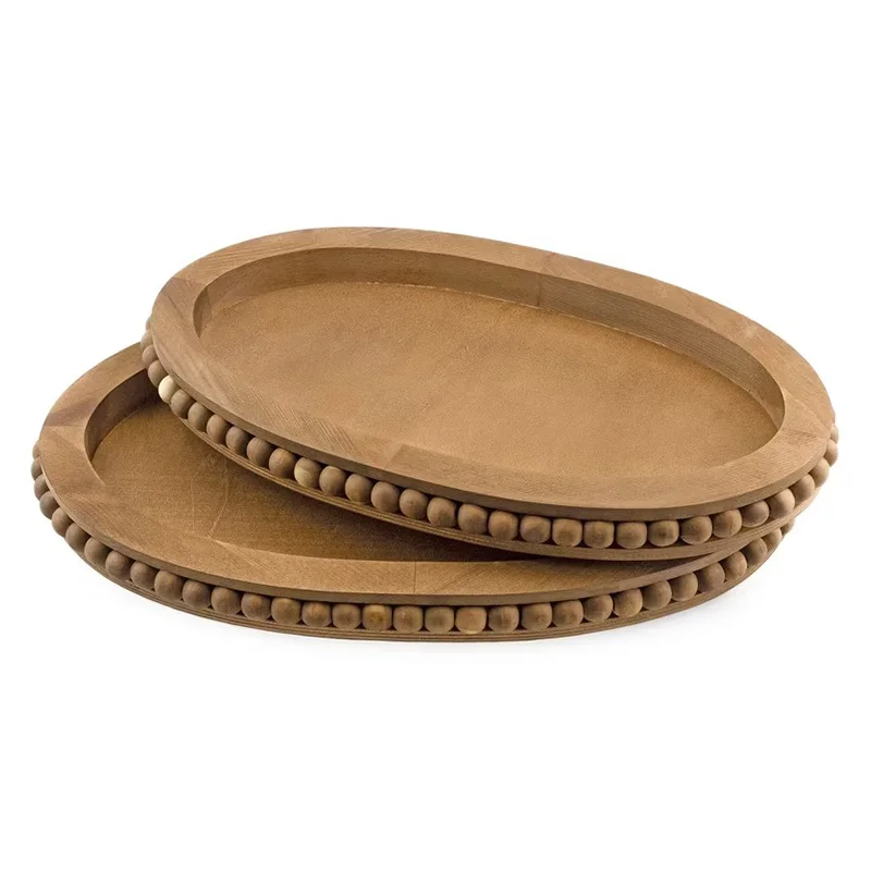 wooden farmhouse decorative tray rustic wood beaded tray for table decor oval wood color serving tray