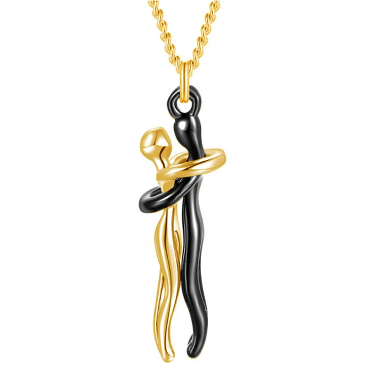 2024 New Unique Jewelry Stainless Steel Twist Rope Chain Two Color Couple Necklace 18K Gold Plated Couple Hug Pendant Necklace