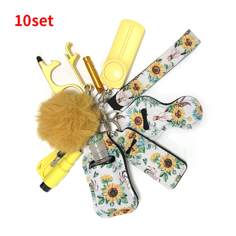 10 Piece/Set Designer Women Girls Safety Keychains Accessories Kit Self Defense Keychain Set Window Breaker Pom Pom Whistle