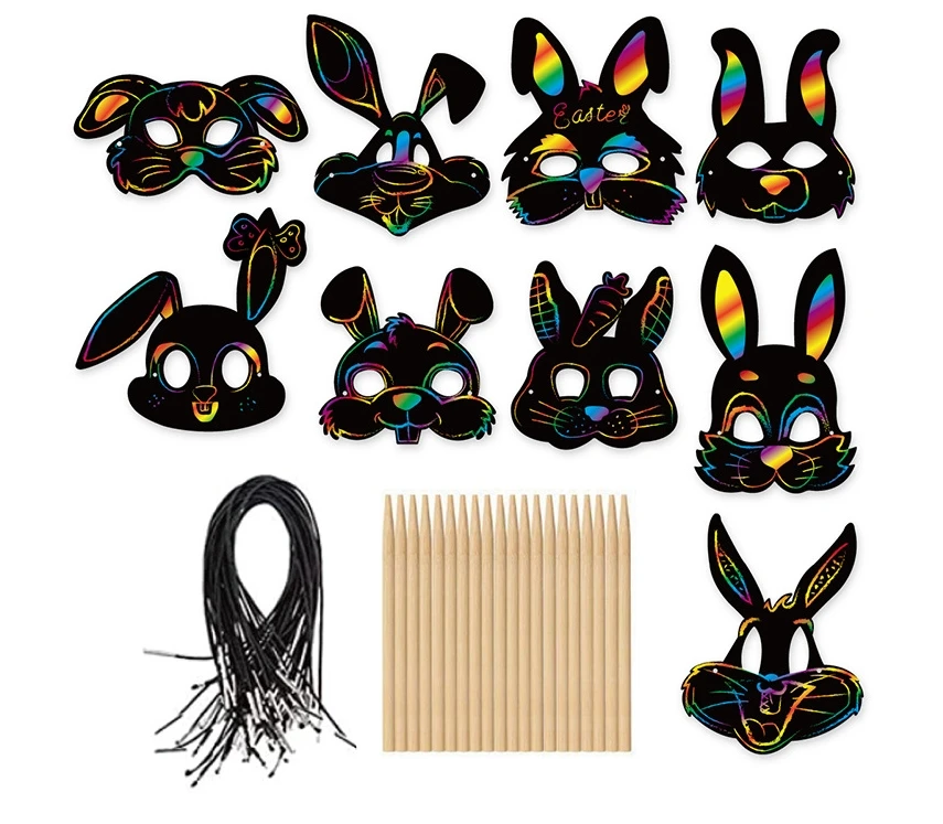 Easter Mask Craft Kit, 9 Pcs Scratch Art for Kids, Kids Magic Rabbit Masks, Scratch Paper Animal Masks  DIY Scratch Art for Hall