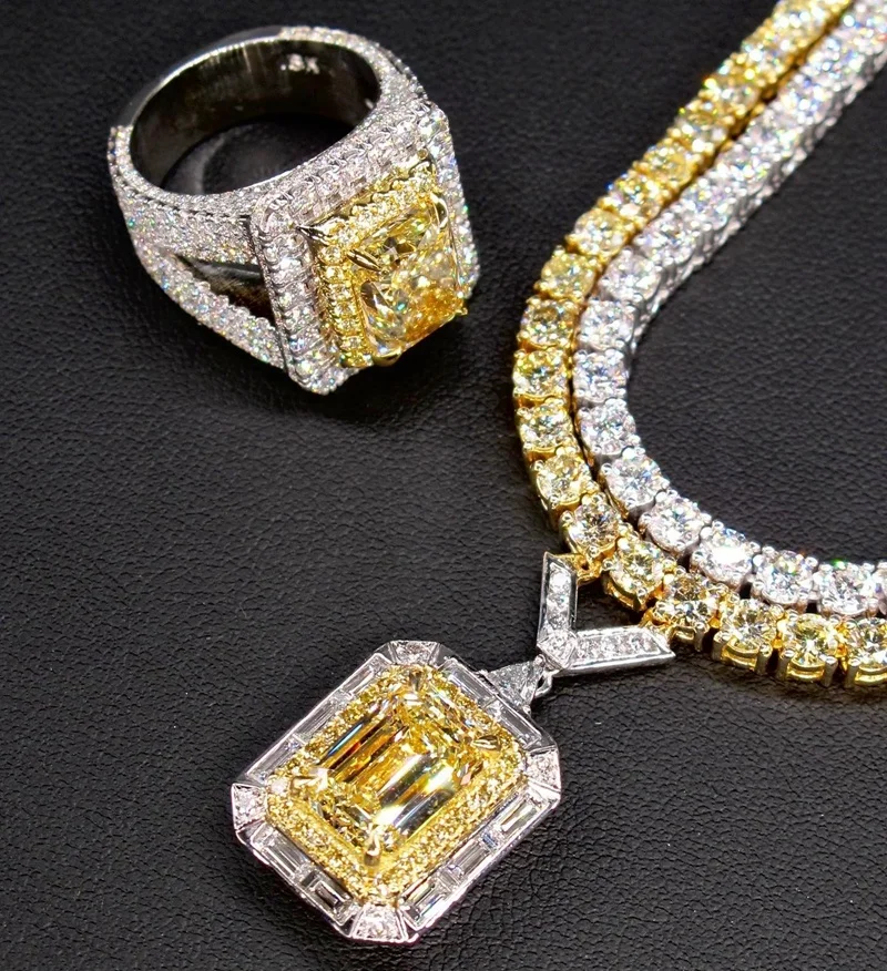 Luxury Fine Moissanite Jewelry Emerald Yellow Moissanite Pendant and Ring Silver 925 Plated White Gold for Hip Hop Man