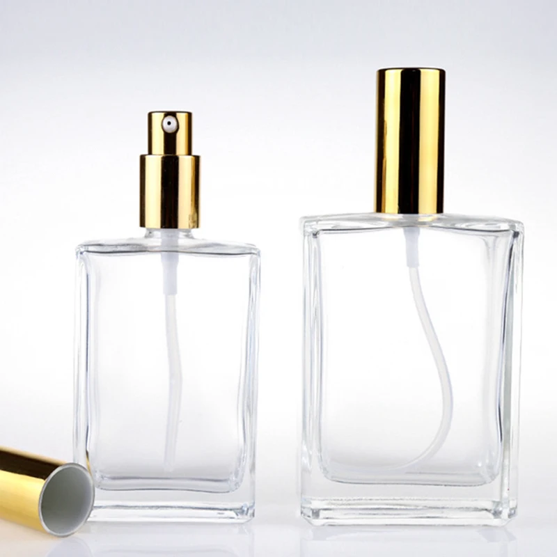 15ml 30 ml 30ml 50ml 100ml Refillable Square Clear Perfume Spray Glass Bottle with Gold Aluminum Sprayer Head and Cap