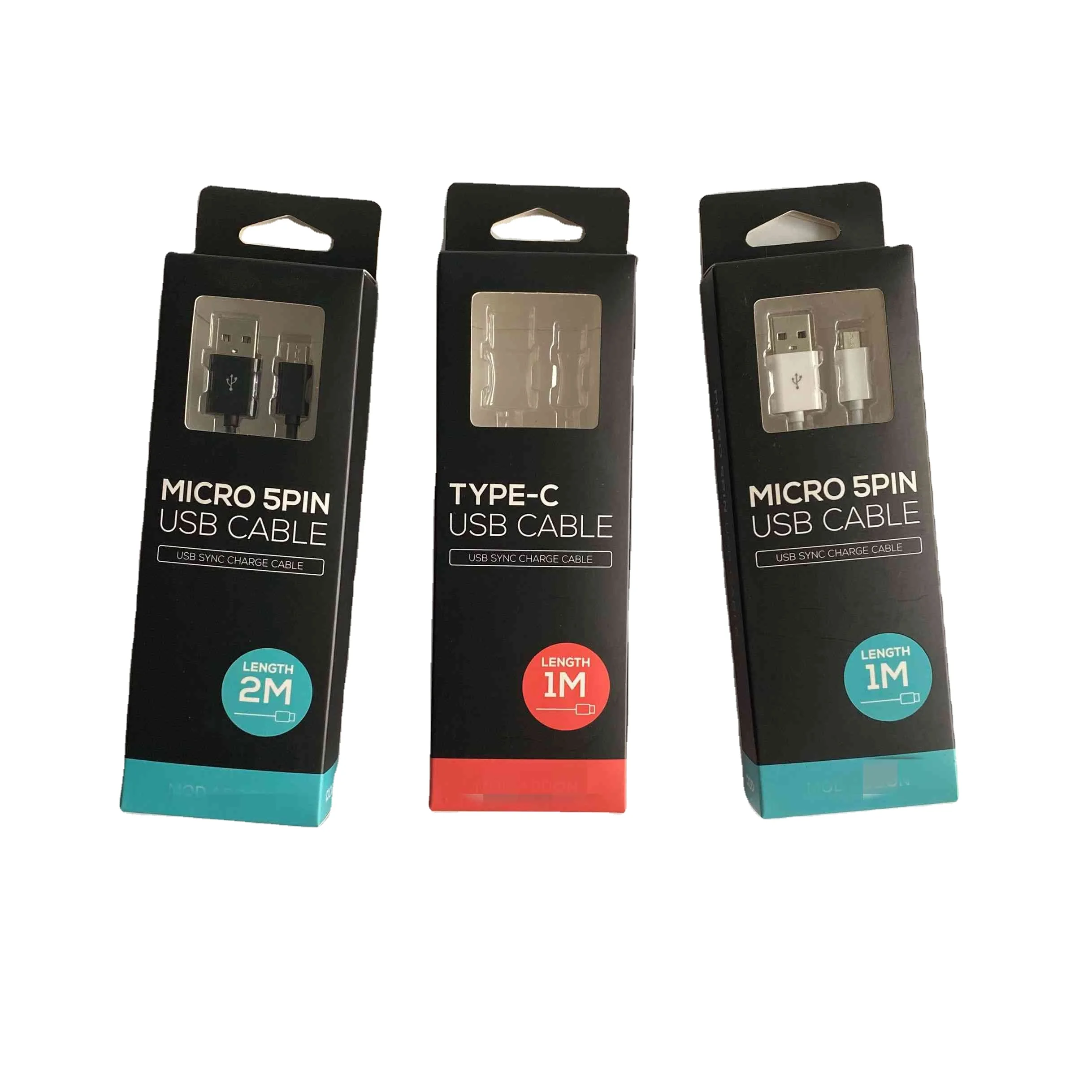 Custom design printed spot UV logo folding paper boxes for data cables with window usb cable packaging box