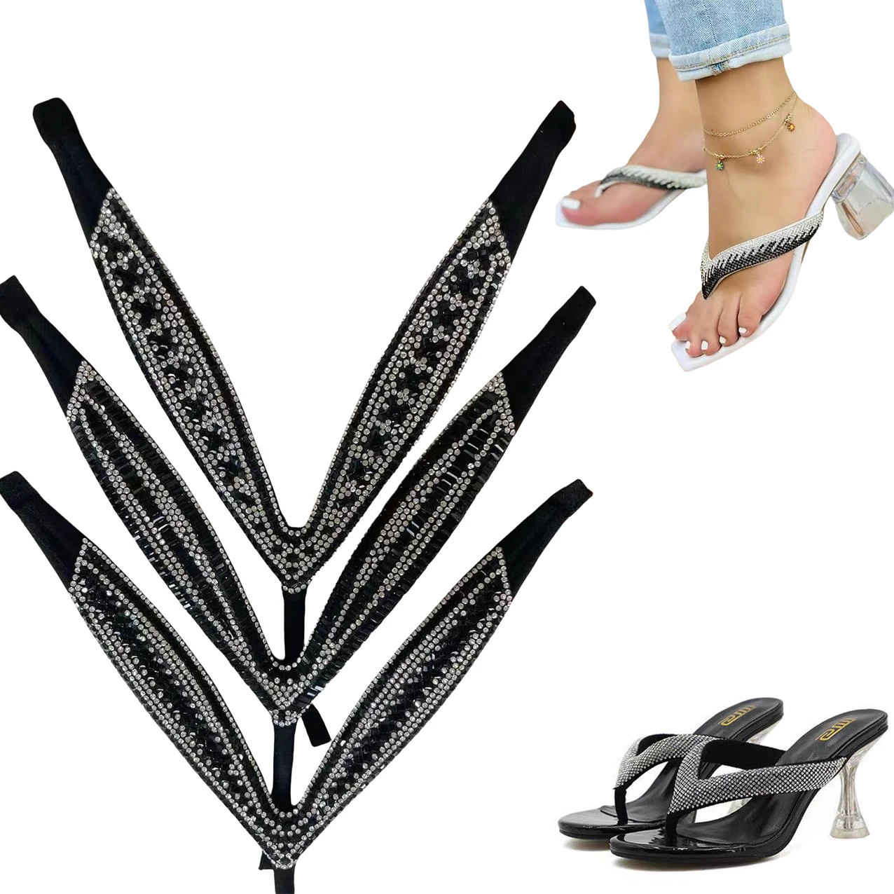 Three-Point Clip Footwear with White Square Grade a Crystal Glue Plastic Sandal Shoes Decorated with Flowers