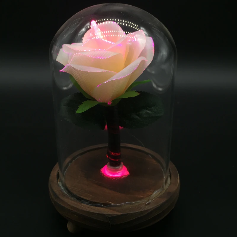 Wholesales Valentine Gift Fiber Optic Led Artificial Red Rose with Glass Dome indoor decoration