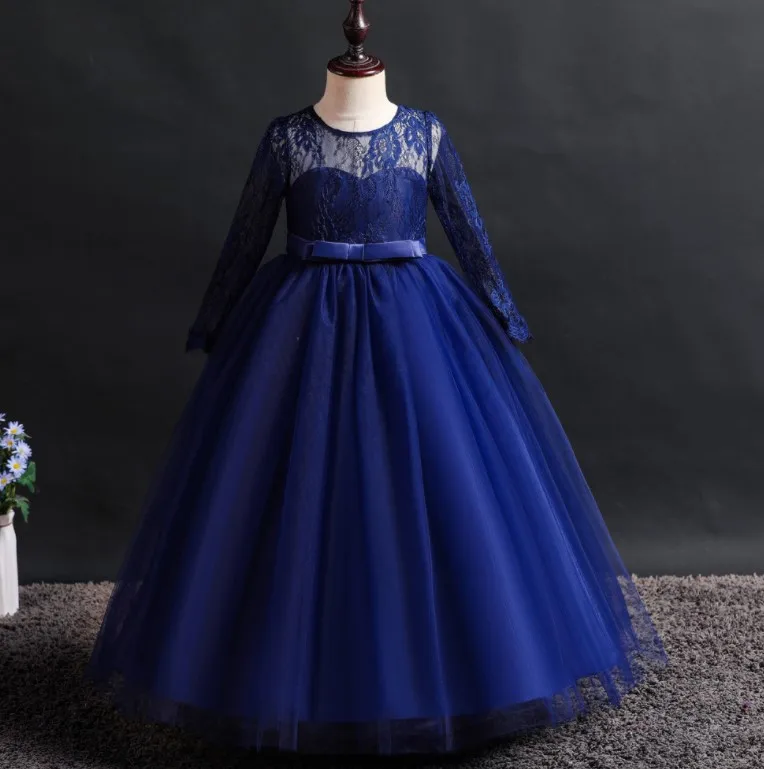 Детское кружевное платье принцессы с длинным рукавом и цветочным принтом для девочек, для свадебной вечеринки, 2021