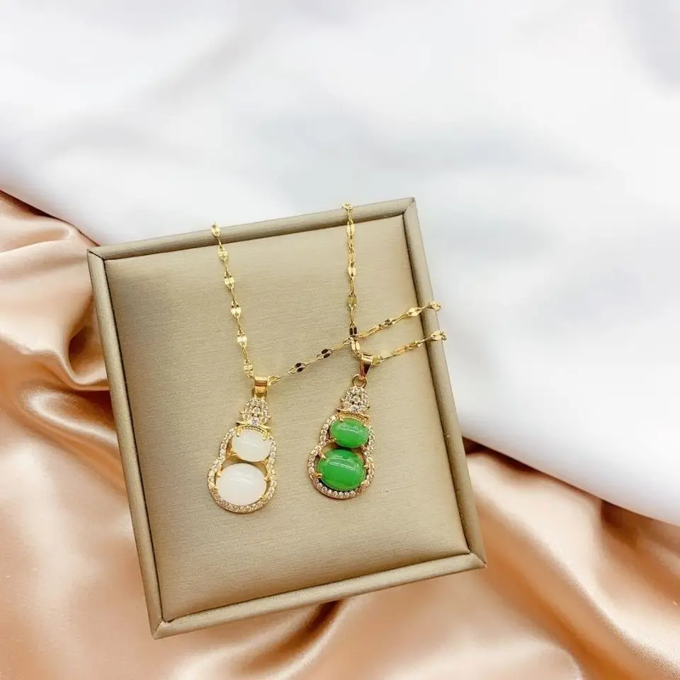 Jasper Palace Style Clothing Accessories Gift Luxury Cubic Zirconia Titanium Steel Gourd Pendant Good Luck Amulet Necklace