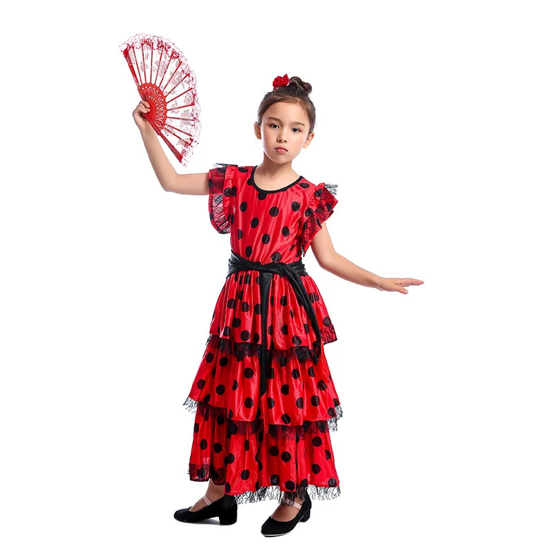 Ready Goods Spanish Senorita Girls Traditional Flamenco Dancer Dresses For Kids Fancy-dress Dance Costume