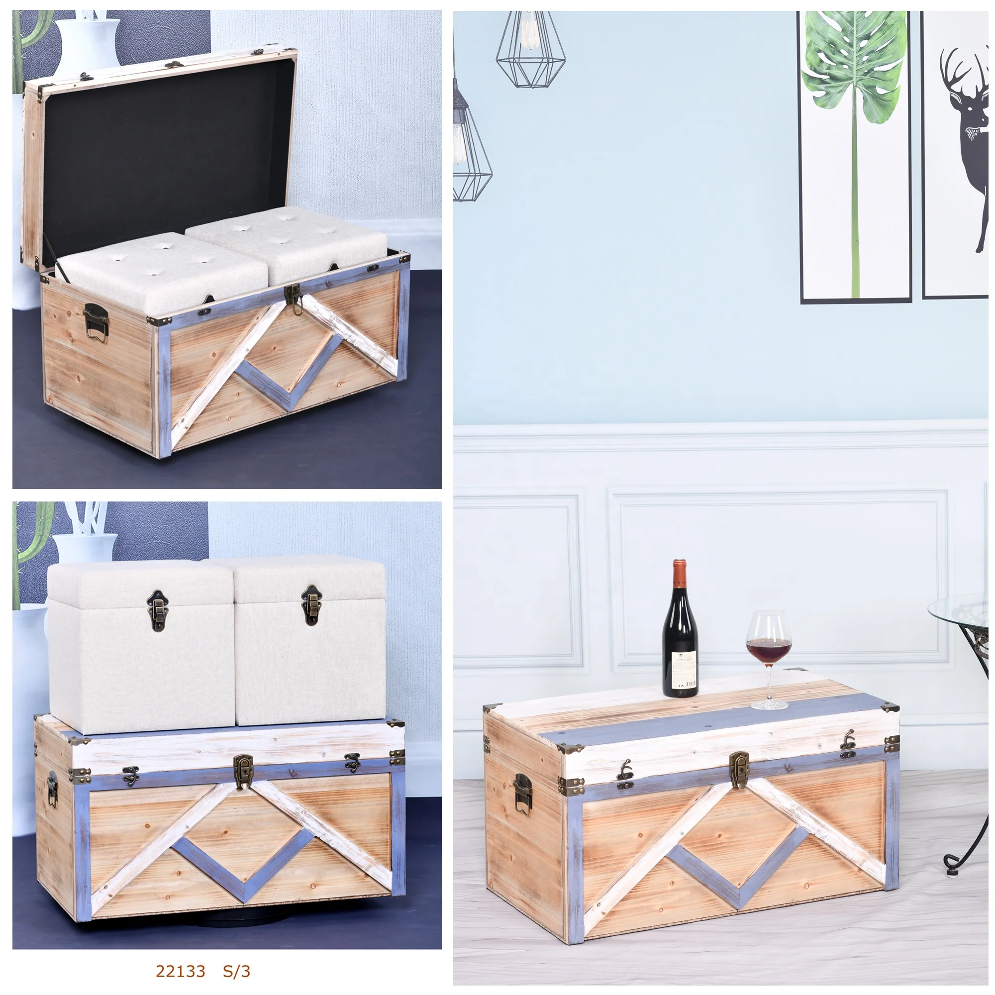New Design Wood Storage Trunk Boxes Set for Living Home Decorative Storage