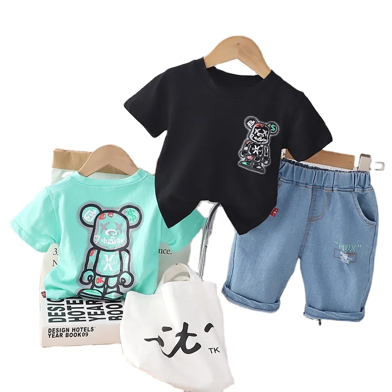 Новинка, трендовые летние комплекты одежды для мальчиков, Детская рубашка в стиле хип-хоп, уличная одежда, однотонные джинсовые шорты, хлопчатобумажная ткань для весны
