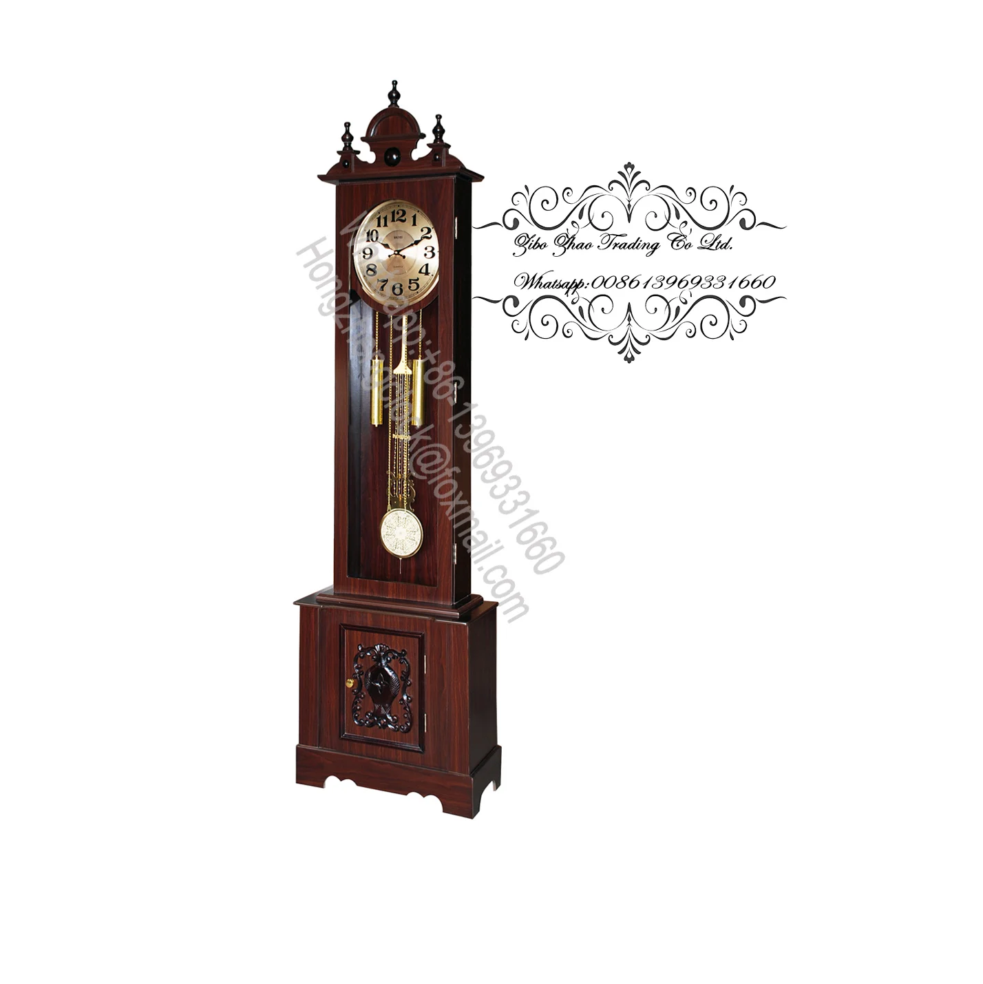 The weight shells are finished in brushed antique brass Grandfather clock made Hand-rubbed Windsor Cherry finish