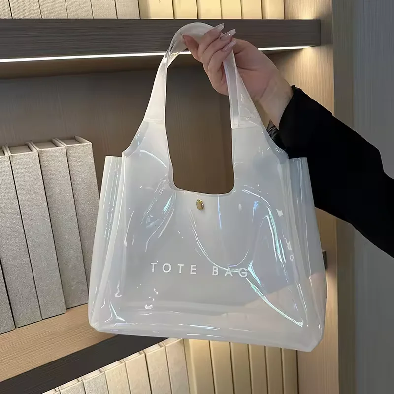 Custom logo small jelly white color transparent PVC waterproof shoulder tote bag with snap button