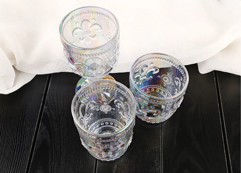 Multicolor Embossed Water Glasses Elegant Wine Glasses Amber and Rainbow Vintage Stemless Goblets for Wedding Party Daily Use