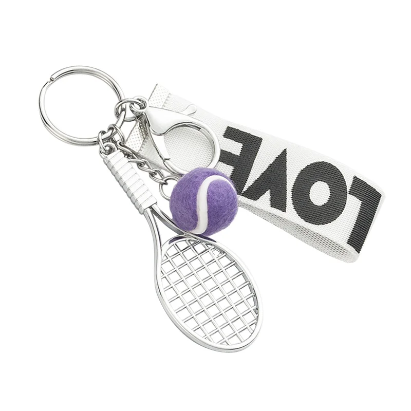Fashion mini tennis racket key chain tennis ball pendent key ring ribbon lanyard letter