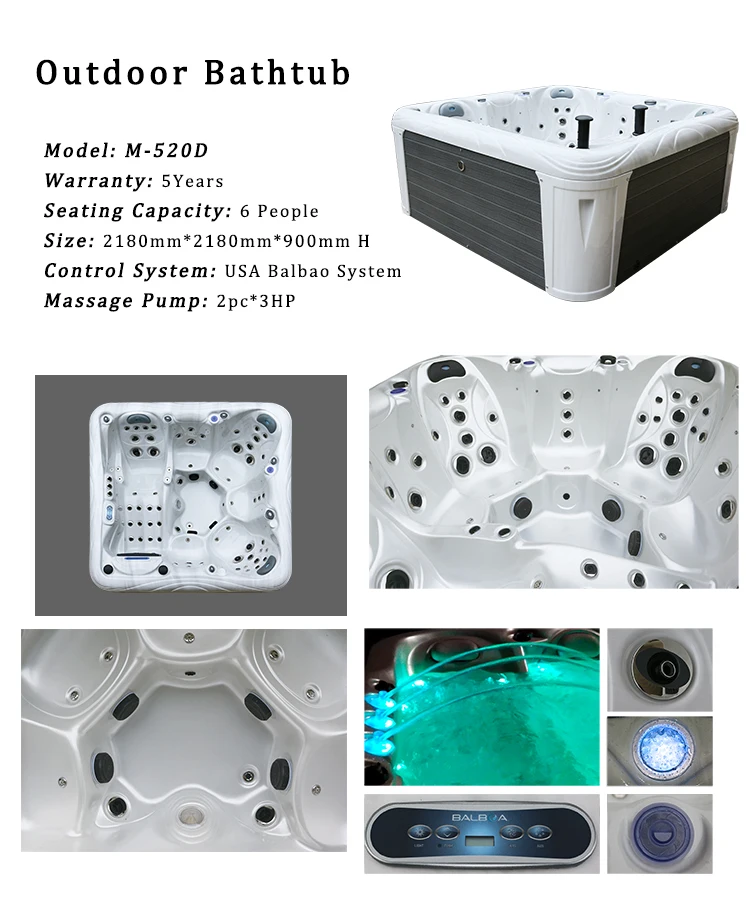 M-520D Hot Selling Aristech Acrylic 6 Person Freestanding Bathtub with Massage Function For Hot Tub Spa