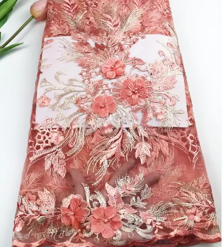 2024 New Design and  Hot sales nigerian 3D lace applique embroidery french pink african lace fabrics