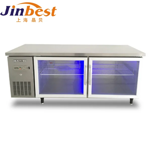 Static cooling  restaurant  blue light  2 glass door   under   counter  display refrigerator