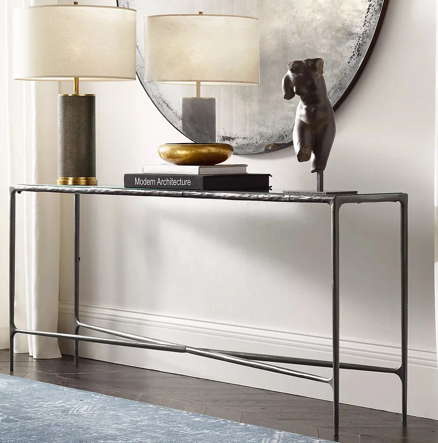 High-end custom hand forged brass base clear tempered glass marble tabletop console table luxury handmade thaddeus console table
