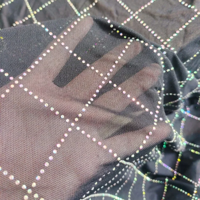 Soft Elastic Mesh Fabric  Spliced Black AB Color Diamond Rhinestone Fabric Rhomboid Network Fishnet Cloth