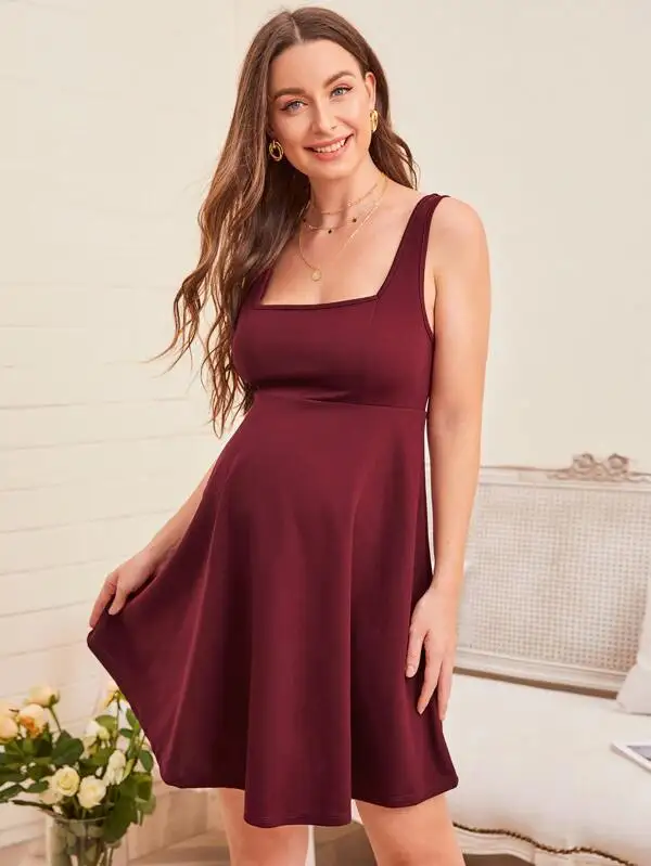  Wholesale women knitted custom underwear pregnant elegant sexy dress maternity solid cotton breathble square neck