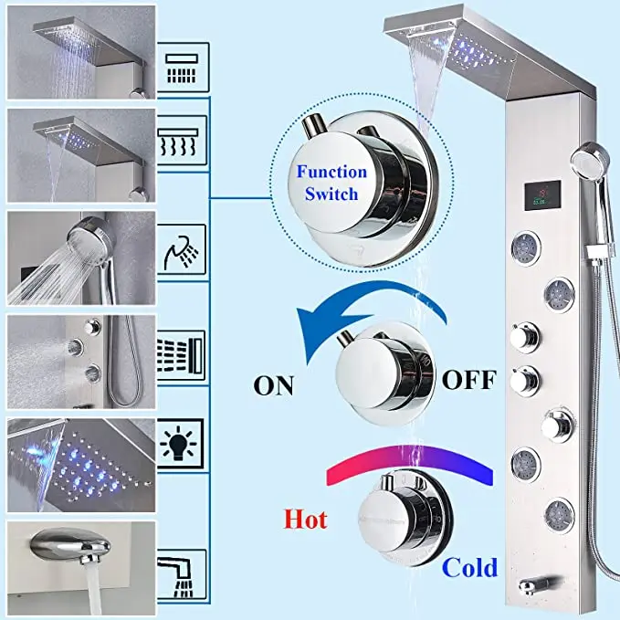Bathroom LED Shower Panel Tower Shower Mixer Taps Hydraulic Body Massage Jets Wall Mounted 5 Functions Waterfall Rainfall Shower