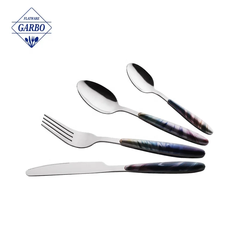 24pcs gift cheap 13/0 silver stainless steel cutlery flatware set dinner eating tool with customized colored PP plastic handle
