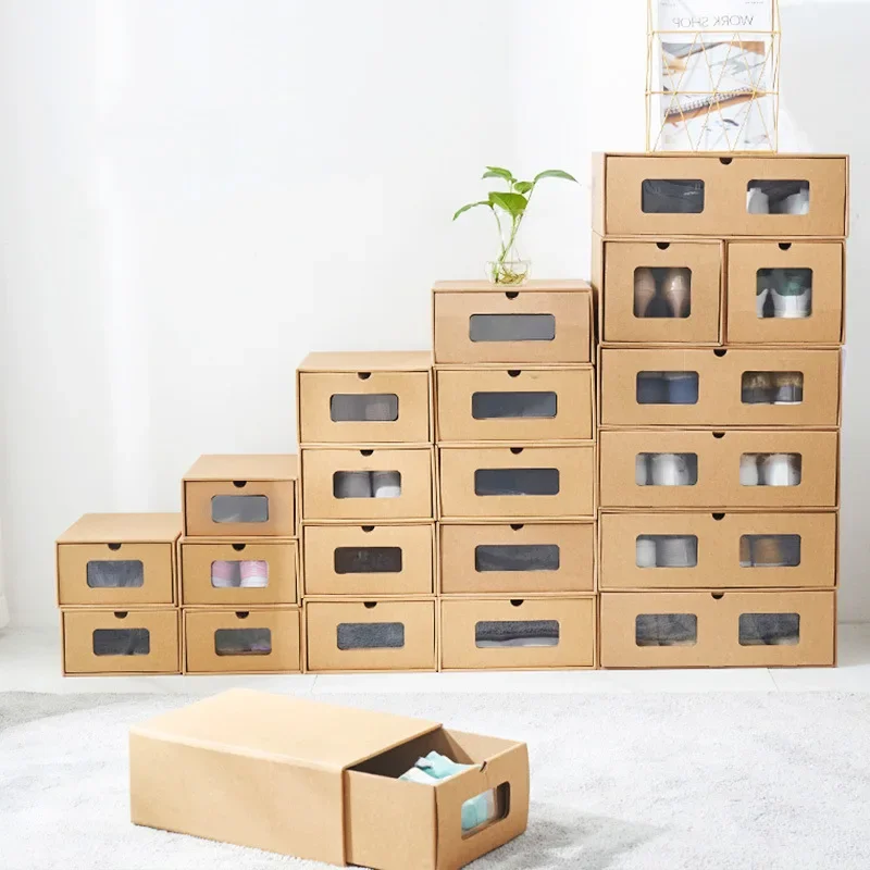 NEW Kraft Paper Shoe Boxes DIY Multifunction Foldable Eco-friendly Drawer Stackable Dust-proof Boots Organizer Case Shelf Stack
