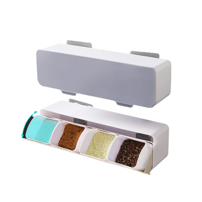 Wholesale Kitchen Product Plastic Wall Mounted Condiment Storage Jars Racks Set 4 Grids Seasoning Box Spice Container With Spoon