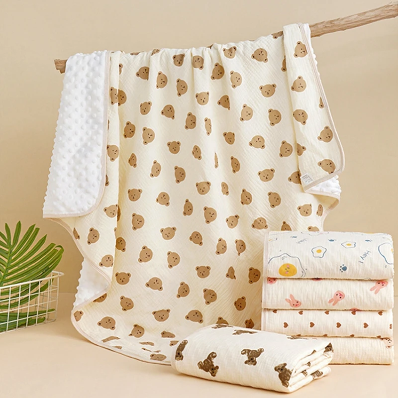 Newborn baby soft muslin swaddle wrap OEM infant cotton 4 layers gauze baby swaddle blanket with dotted backing
