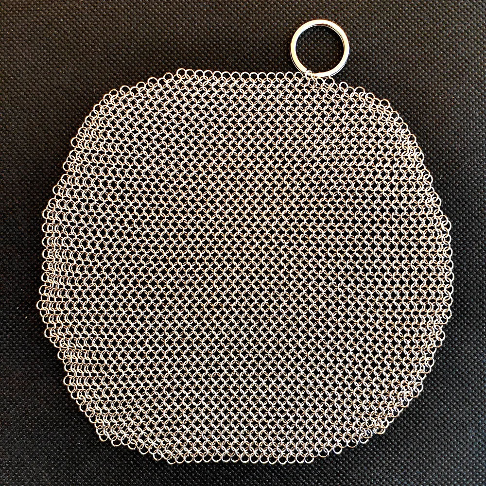 Stainless Steel Kitchen Tool Cleaning Cast Iron with Chain Mail Scrubber With Hollow Silicone Rubber Pad