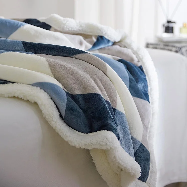Wholesale double layer custom plaid print flannel sherpa fleece throw blanket