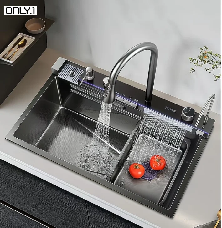 Discount Luxury Anti Scratch LED Digital Display Waterfall Kitchen Sink with Cup Washer Soap Dispenser Silver Carton Box MULLER