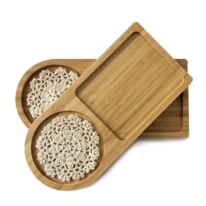 Bamboo Tray, Irregular Small Tray Set of 2, Coffee Tea Dessert Serving Tray, Bedroom and Kitchen Decoration Tray