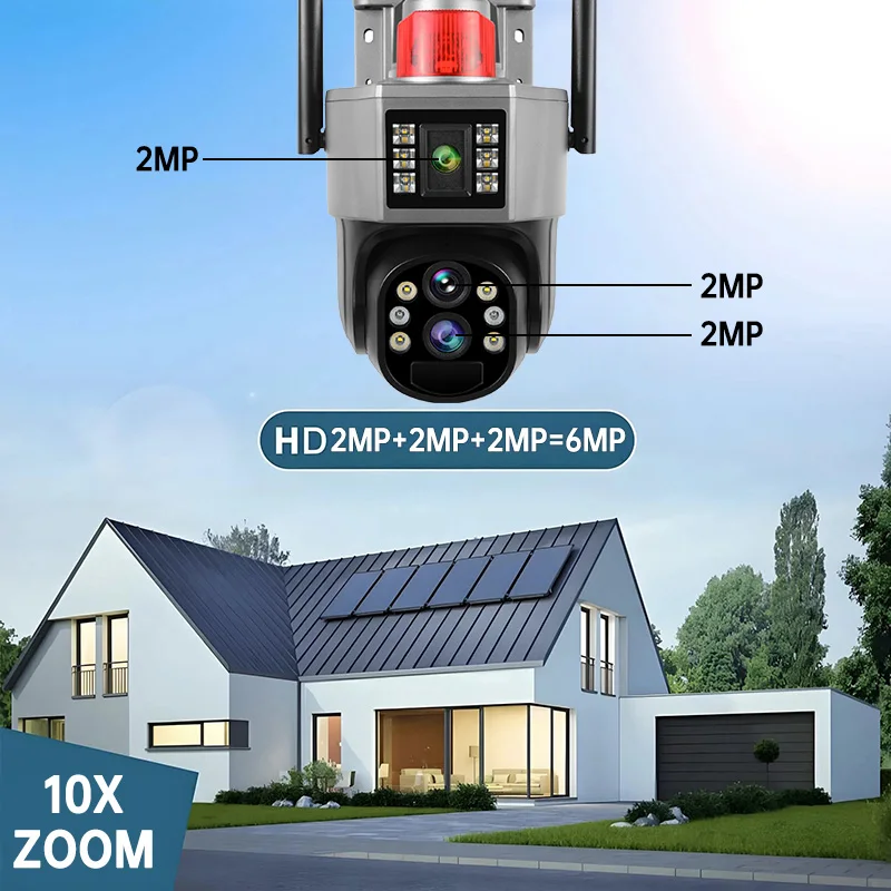 Wistino 6MP Three Screen 10x Zoom 4G Wifi Dual Panel Outside Camera AI Humanoid Detection Color Night Vision Solar Cctv Camera