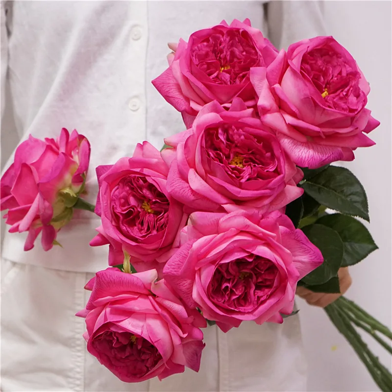 2024 New Juliet Real Touch Hot Pink Roses Artificial Cloth Roses for Christmas Flower Arrangement Decor Latex Rose Stems