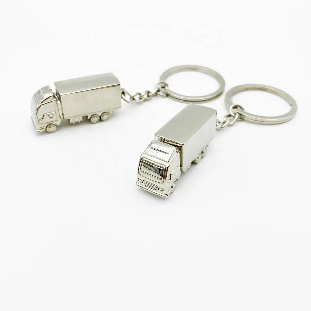 Silver 3D Container Truck Metal Keychain Ring Keyring Key Fob Heavy-Duty Truck