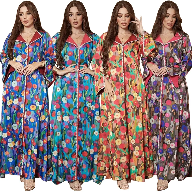 Wholesale Jalabiya Closed Abaya Muslim Clothing Turkey Floral Islamic Long Sleeve Kaftan Dress Women Dubai Abaya