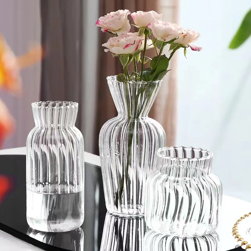 Transparent Clear Stripe Crystal Glass Vases mini Desktop Flower Arrangement Flower Vase for Home Office Decor