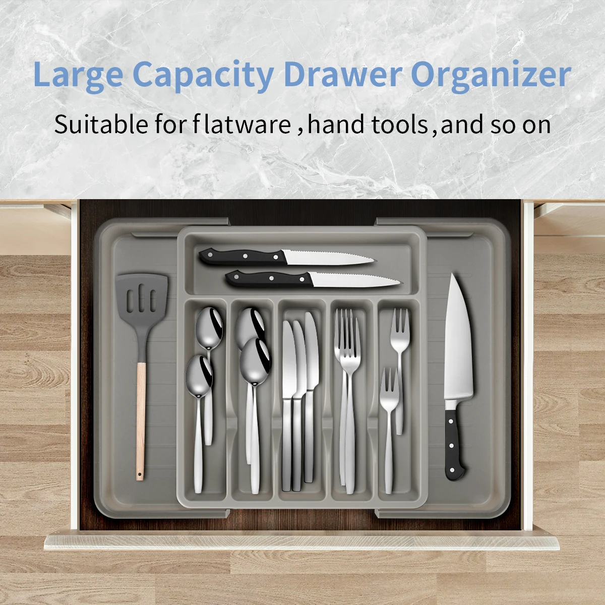 Kitchen Grey PP Material Organizer Tray For Cutlery Drawer Silverware Storage Cutlery Tray Expandable Cutlery Organizer