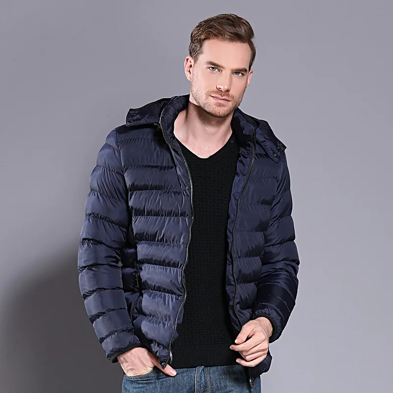 Men Winter Clothing Detachable Hooded Nylon Faked Down Puffer Jacket For Men Zipper Up Insulated Quilted Down Bubble Coat