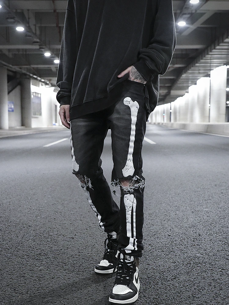 Hip Hop Skeleton Jeans Men Black Printed Men Distress Jeans Body Bones Men Jeans