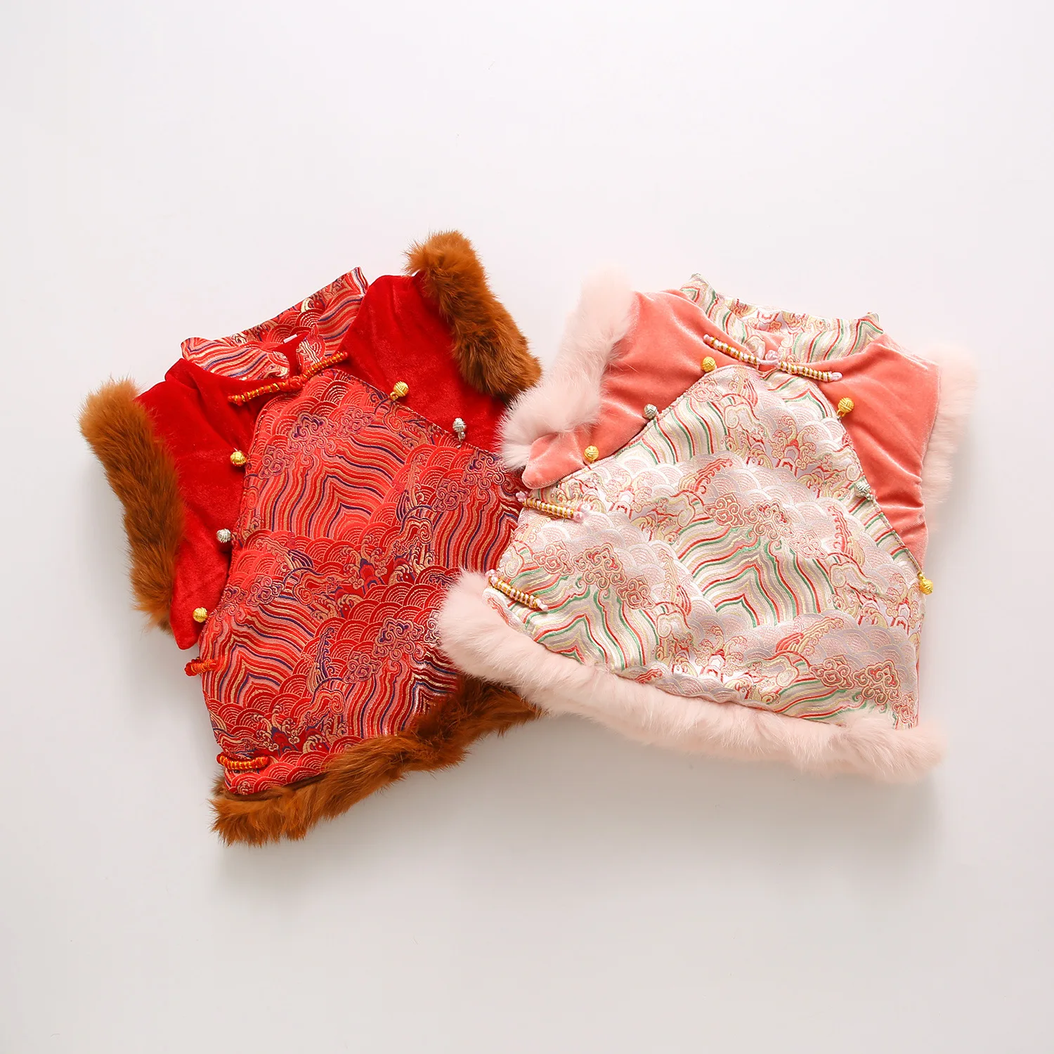 Velvet cotton warm onesie Chinese style rabbit hair vest baby children's New Year dress pink suit