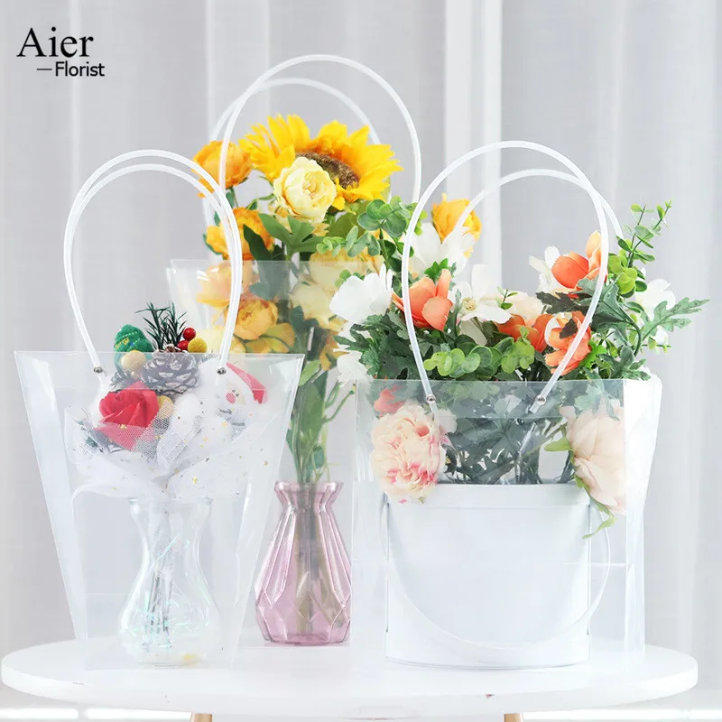 Aierflorist New Arrival Large  PVC Transparent Trapezoidal Waterproof Bouquet Wrapping plastic flower Bags