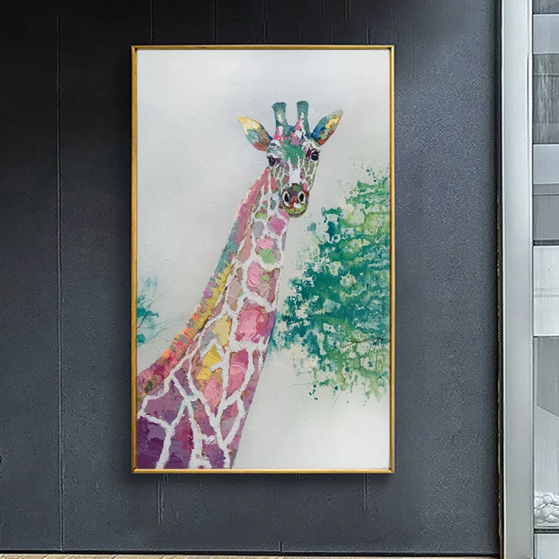 custom Decor Hand Painted Animal lovely Colorful Giraffe Oil Painting By handmade Wall Art Canvas Deer Painting