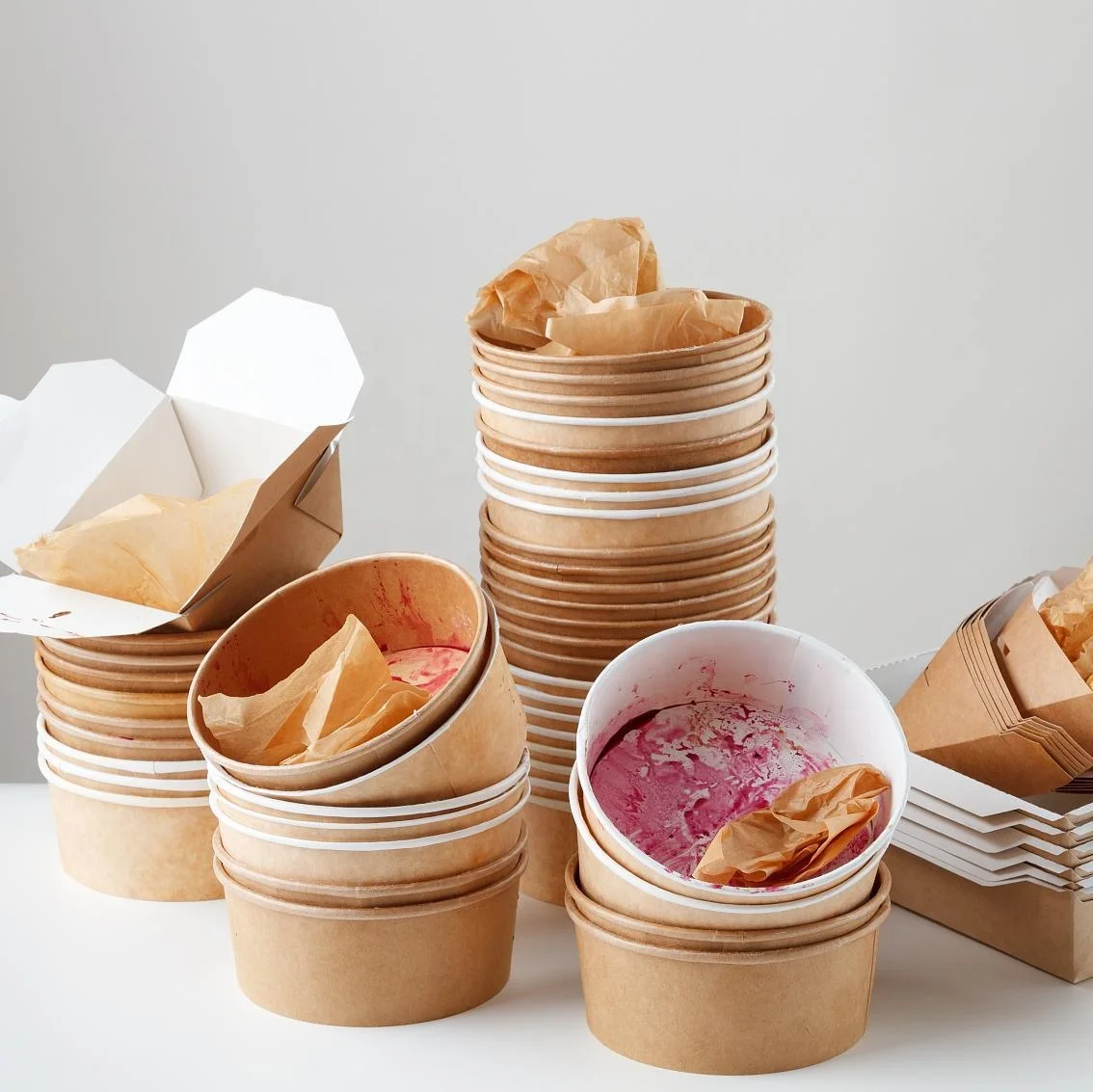 100% eco-friendly personalized disposable dessert bowl ice cream white paper cup bowl with lid and spoon